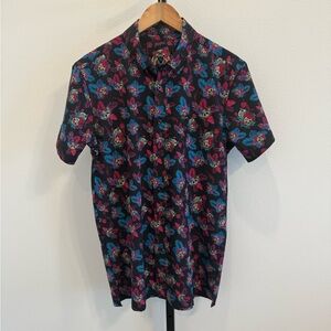 Retro Rifle Multicolor Skull & Floral Men's Button Down Camp Shirt Medium Casual